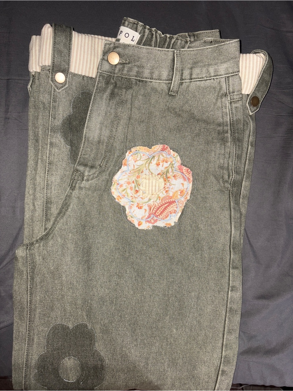 POL Olive Green Patchwork Floral Jeans